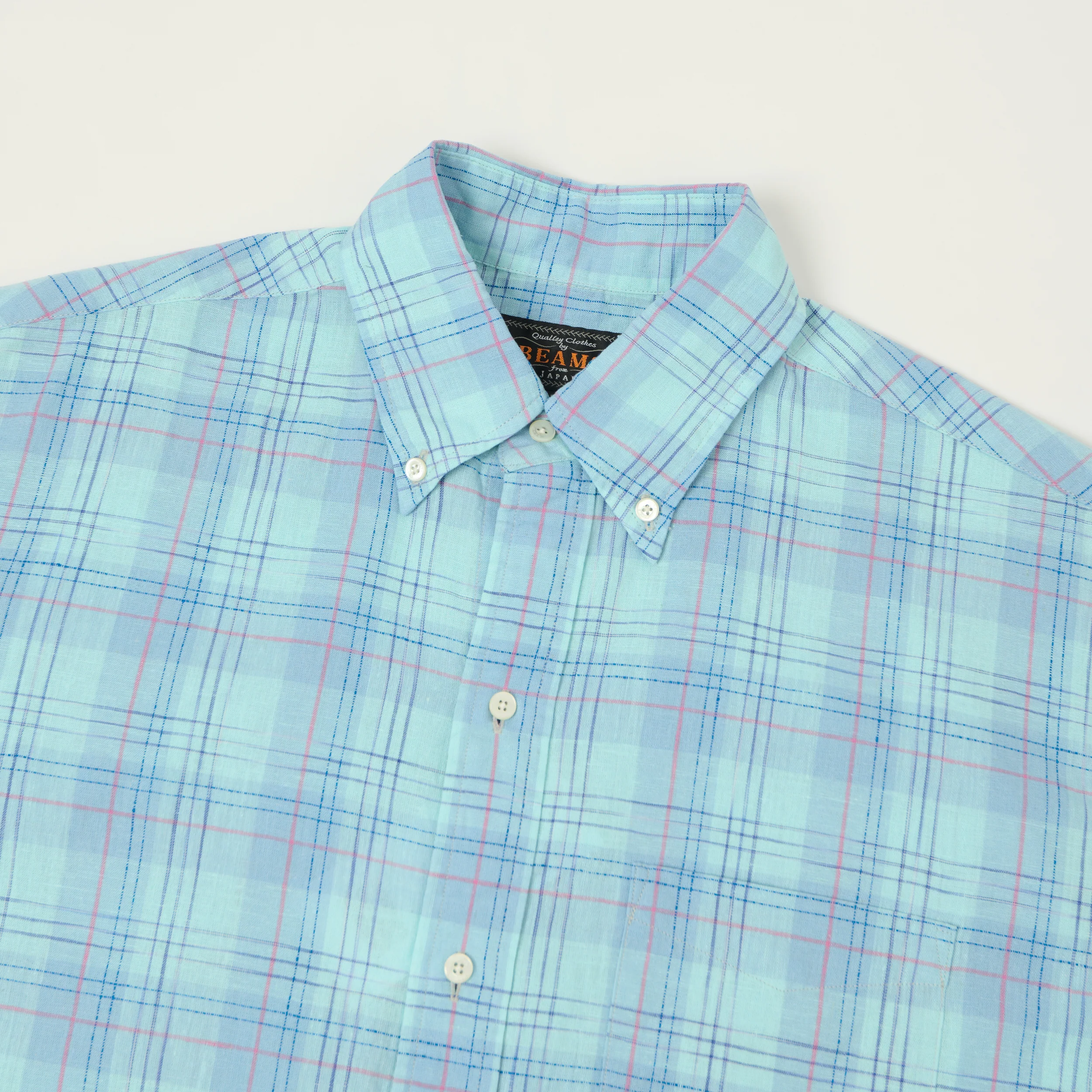 Beams Plus Button Down Cotton/Linen Short Sleeve Shirt - Sax - Image 2