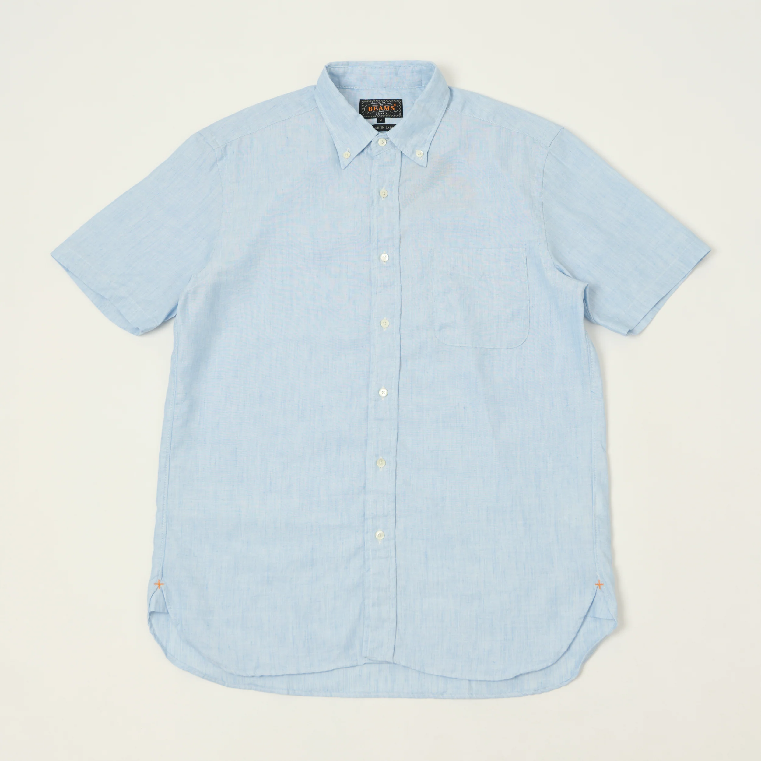 Beams Plus Button Down Coolmax Linen Short Sleeve Shirt - Sax