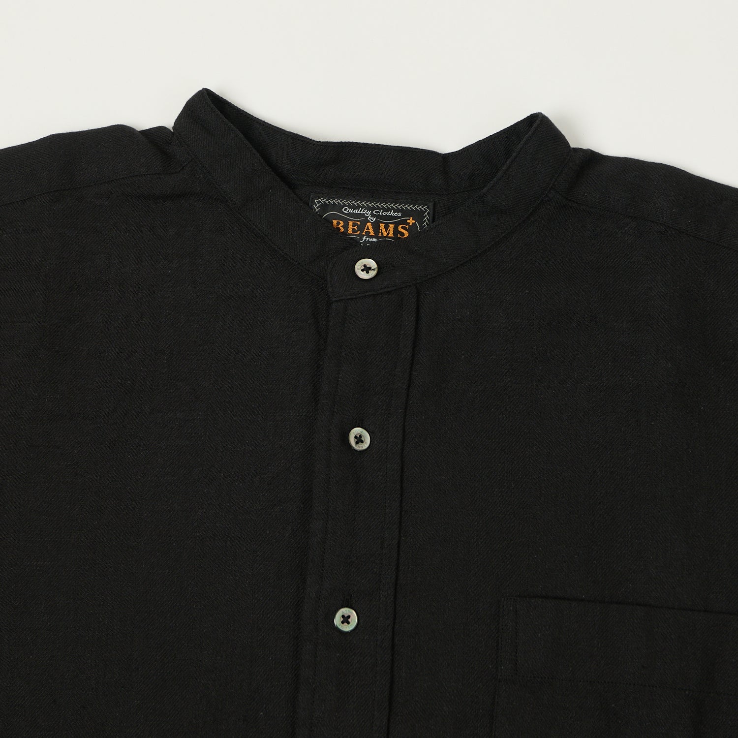 Beams Plus Herringbone Twill Band Collar Pullover Shirt - Black - Image 2