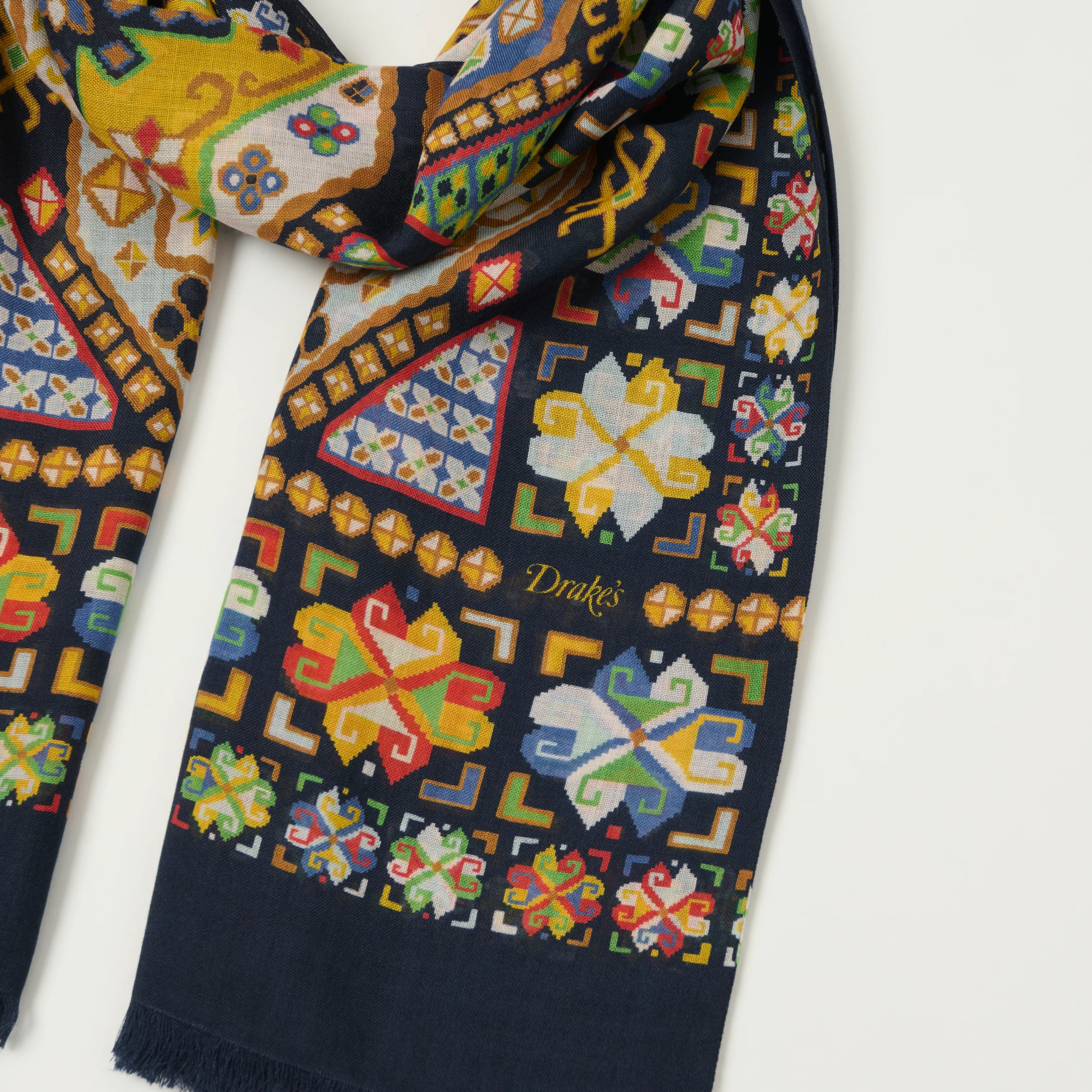 Drake's 'Carpet' Wool/Silk Printed Tubular Scarf - Navy - Image 2