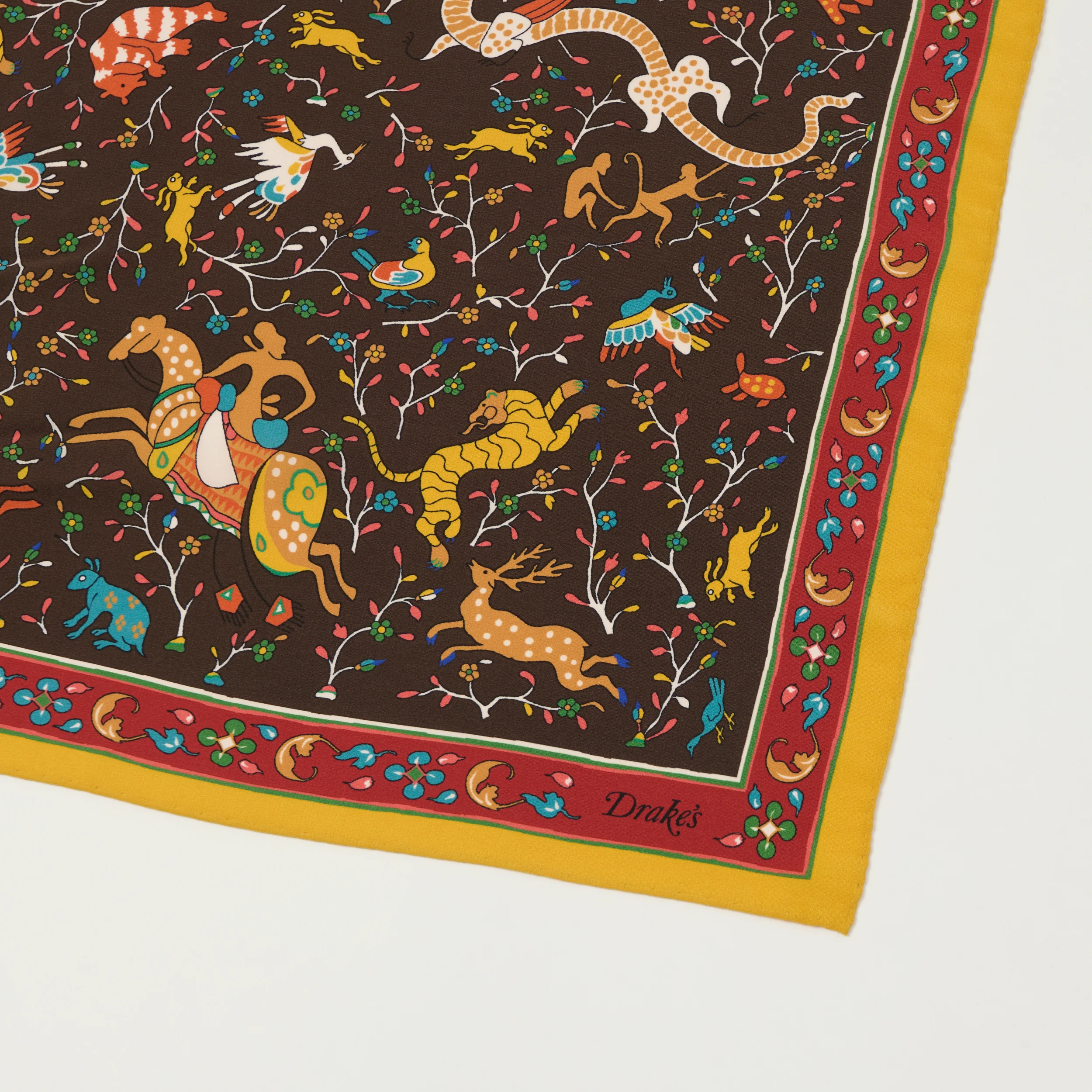 Drake's Floral 'Animals and Flowers' Silk Bandnana - Brown - Image 2