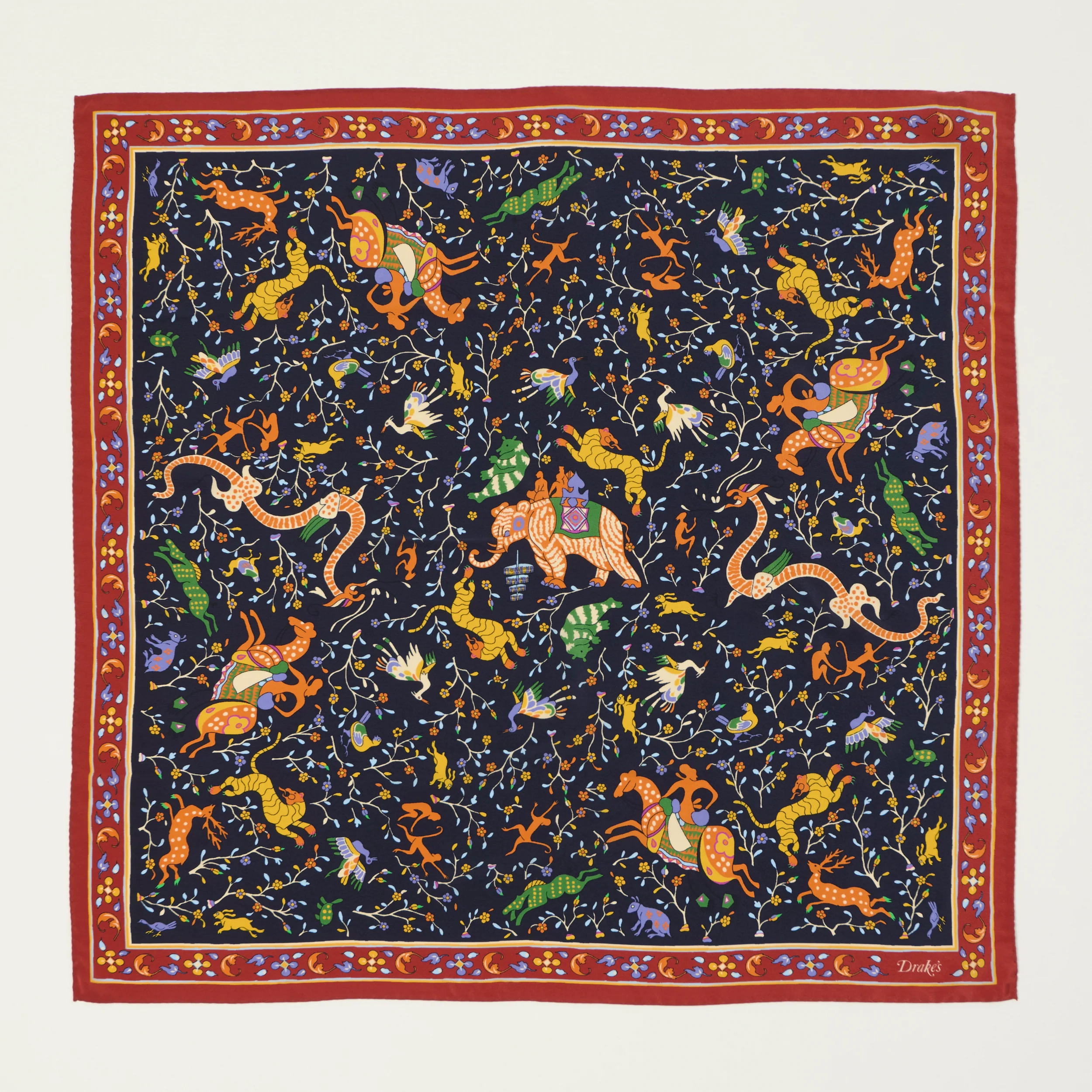 Drake's Floral 'Animals and Flowers' Silk Bandnana - Navy