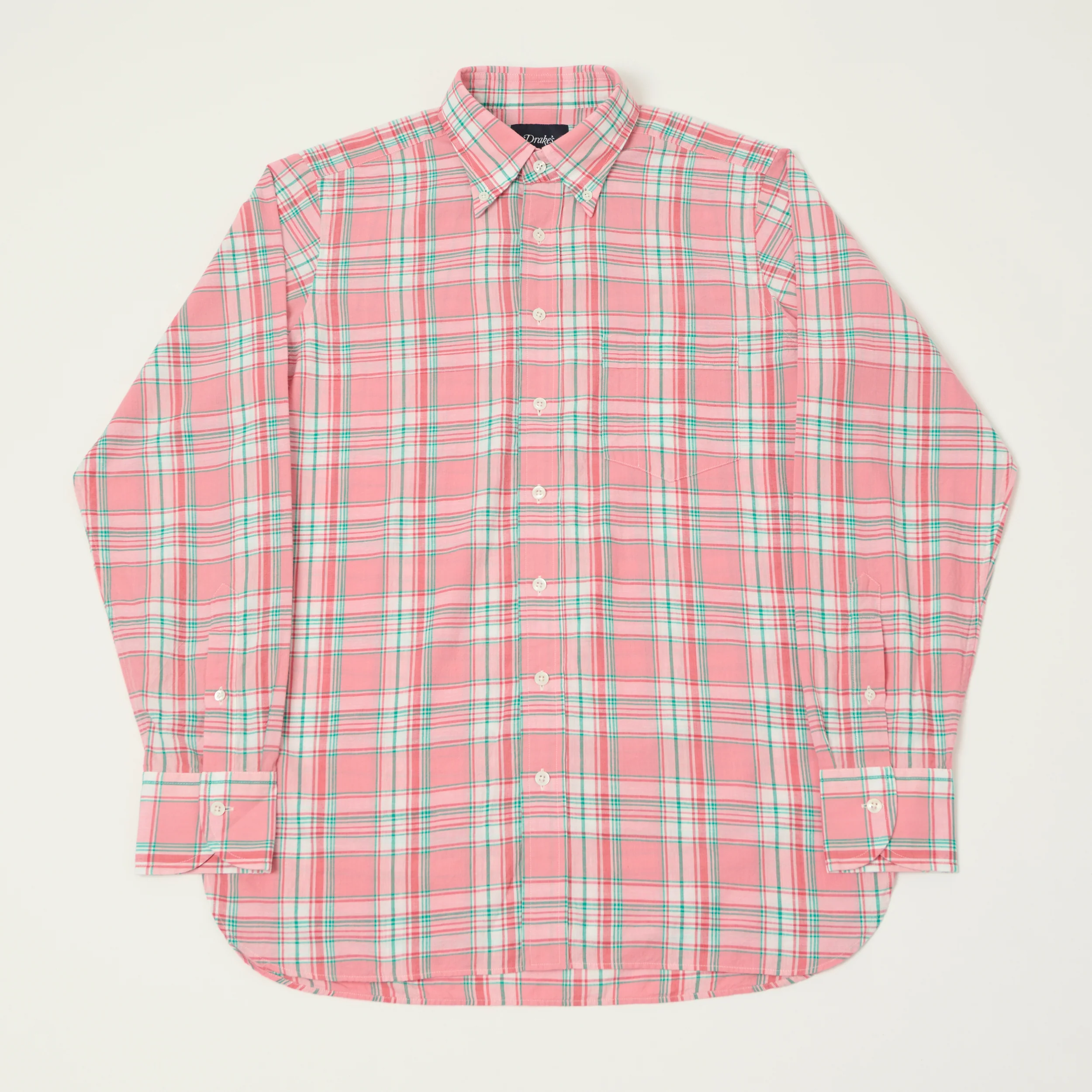 Drake's Button Madras Down Shirt - Pink/Green