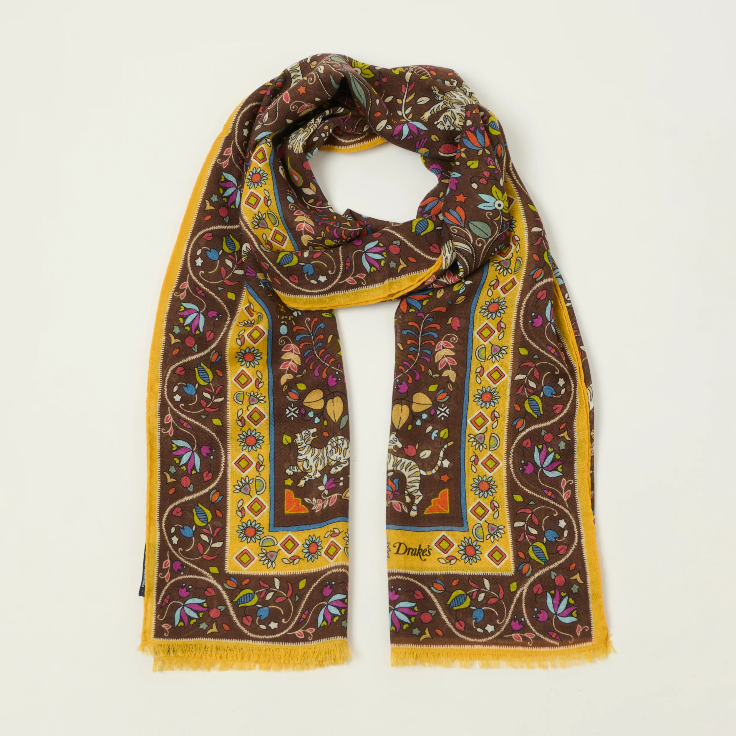 Drake's 'Tiger Garden' Wool/Silk Scarf - Brown