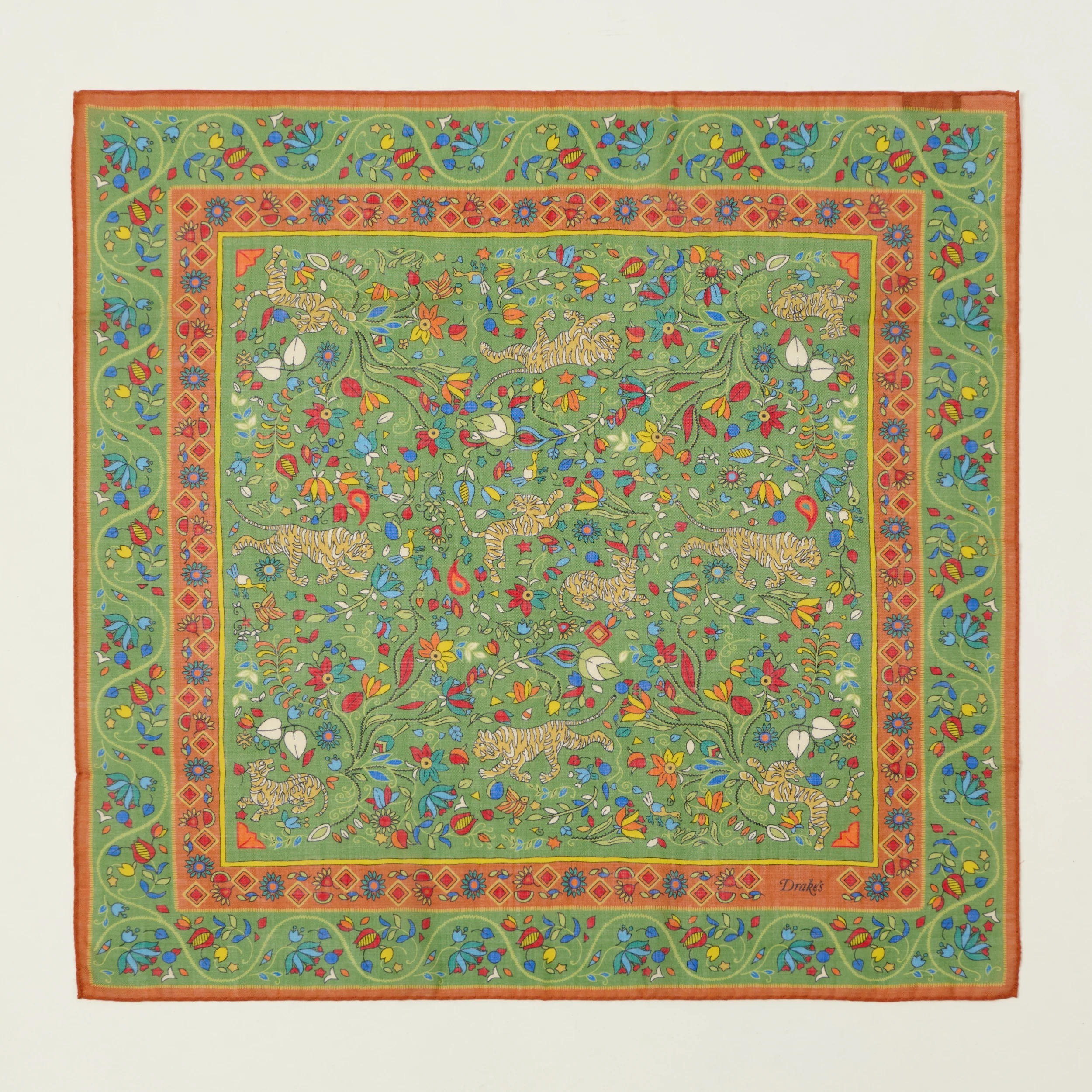 Drake's 'Tiger Garden' Wool/Silk Bandana - Green