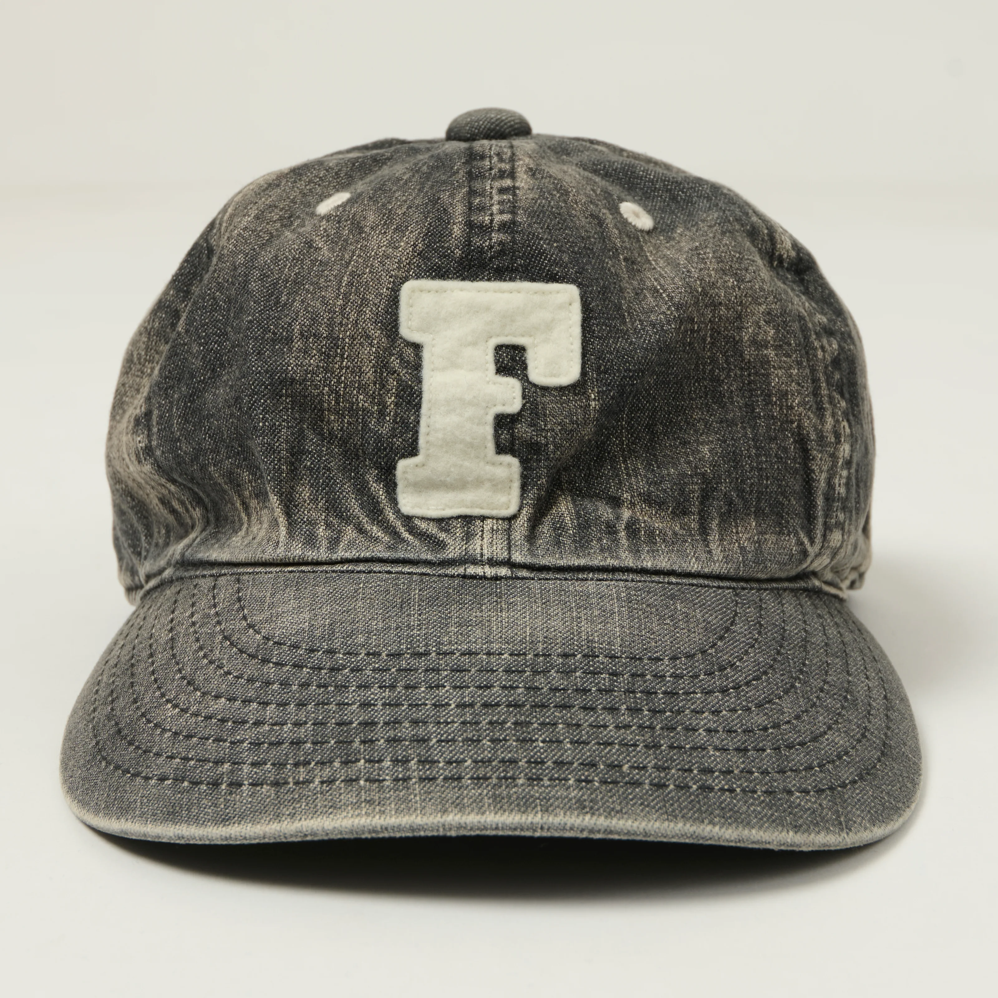 FULLCOUNT 6843 Six Panel Denim Baseball Cap 'F' Patch - Black Vintage Wash - Image 2