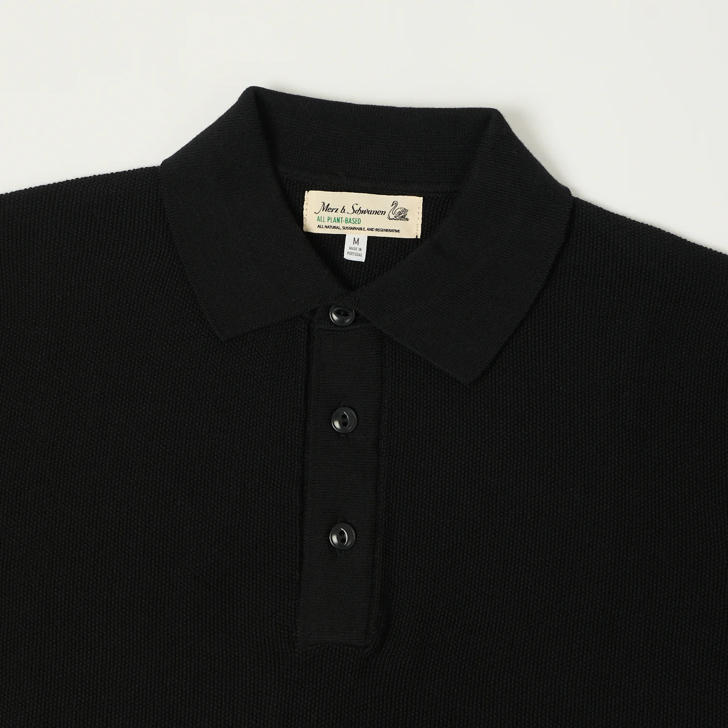 Merz b. Schwanen 'Good Basics' Plant Based Knitted Polo Shirt - Deep Black - Image 2