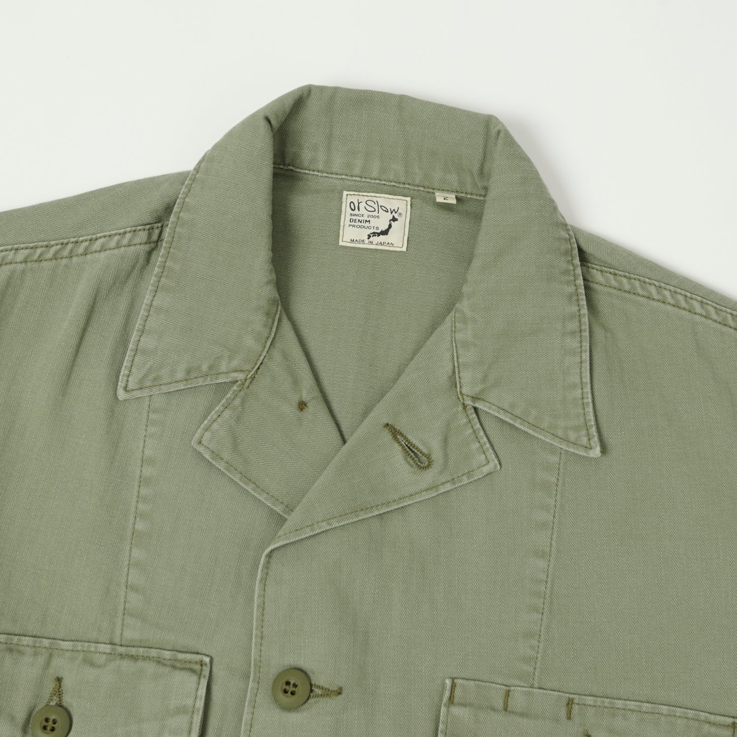orSlow Herringbone Twill Contrast Pocket Overshirt - Green - Image 2