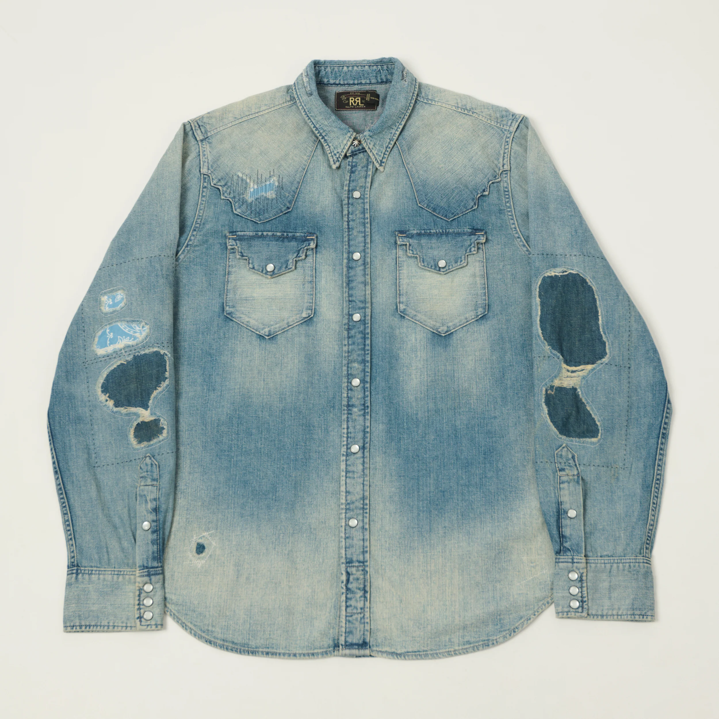 RRL Slim Fit 'Repaired' Denim Western Shirt - Addington Wash