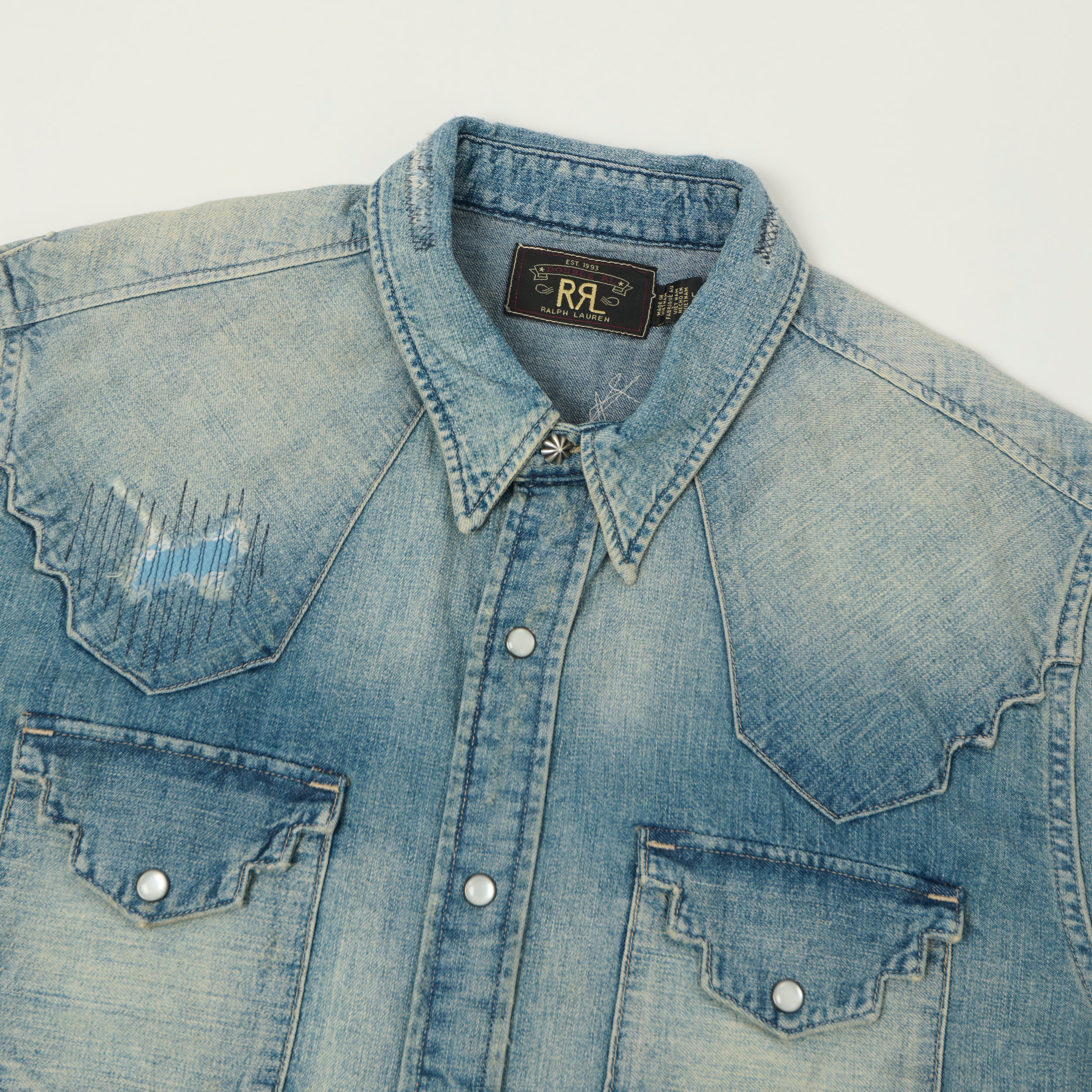RRL Slim Fit 'Repaired' Denim Western Shirt - Addington Wash - Image 2