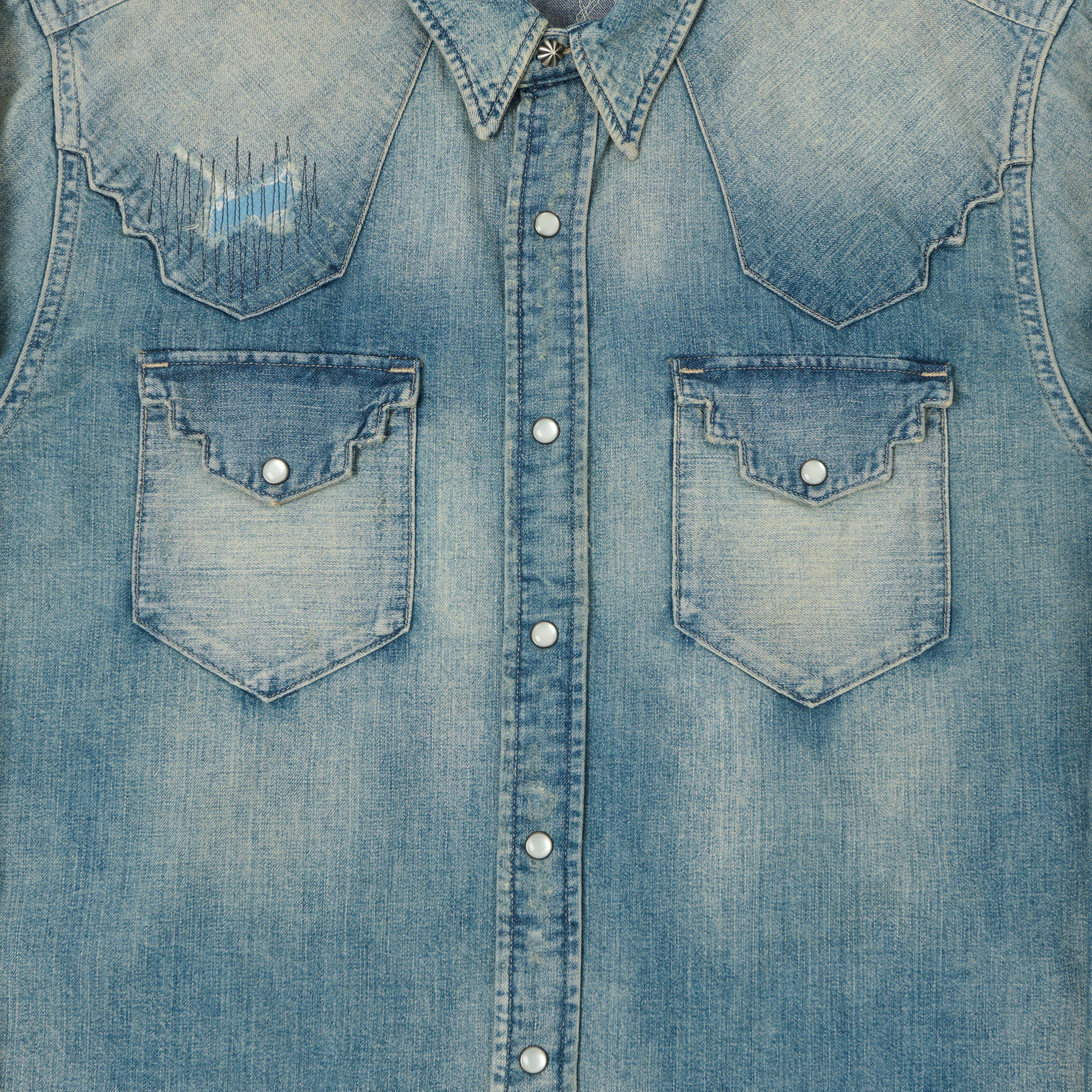 RRL Slim Fit 'Repaired' Denim Western Shirt - Addington Wash - Image 3